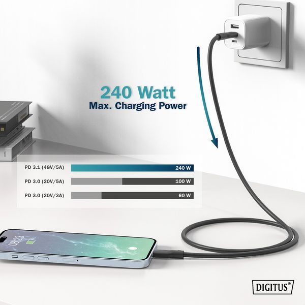 Digitus Кабель USB-C зарядки/синхронізації, 1м, USB 4.0 Gen3, 40G, 240W, 8K, силіконовий, чорний RC_AK-300344-010-S фото