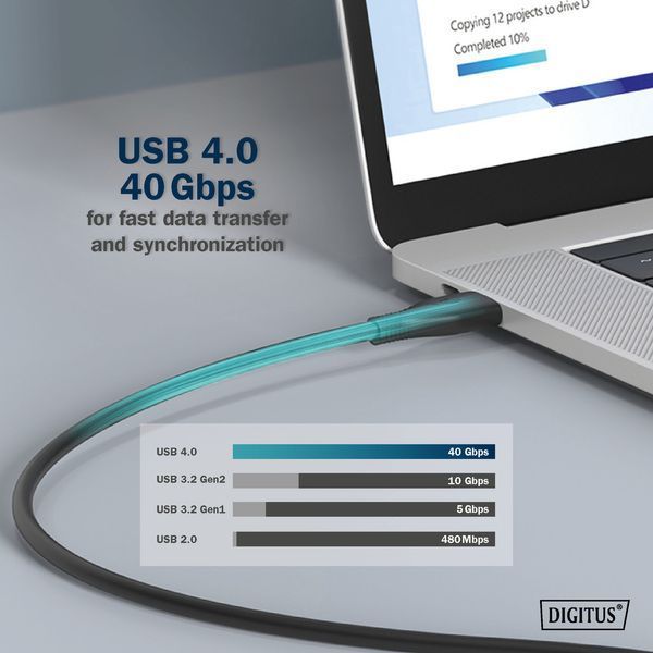 Digitus Кабель USB-C зарядки/синхронізації, 1м, USB 4.0 Gen3, 40G, 240W, 8K, силіконовий, чорний RC_AK-300344-010-S фото