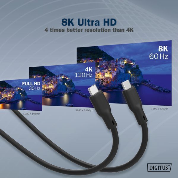 Digitus Кабель USB-C зарядки/синхронізації, 1м, USB 4.0 Gen3, 40G, 240W, 8K, силіконовий, чорний RC_AK-300344-010-S фото