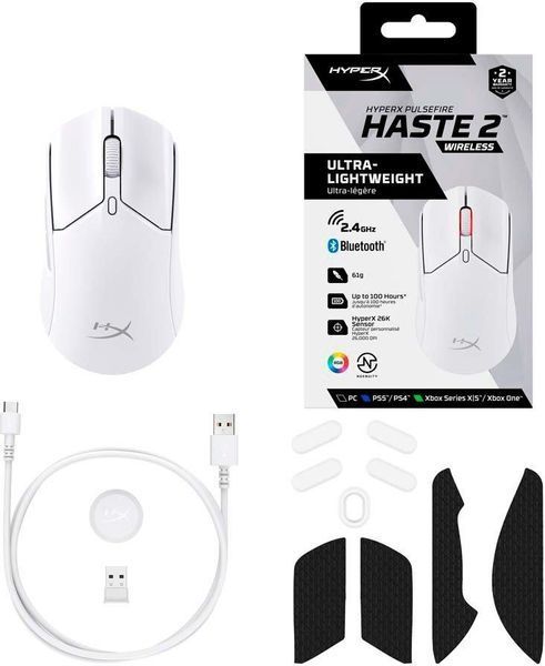 Мышь HyperX Pulsefire Haste 2, RGB, USB-A/WL/BT, белый RC_6N0A9AA фото