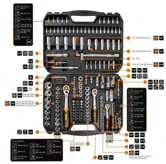 Набор инструмента Neo Tools, 182 ед., 1/2, 3/8, 1/4 RC_10-074 фото
