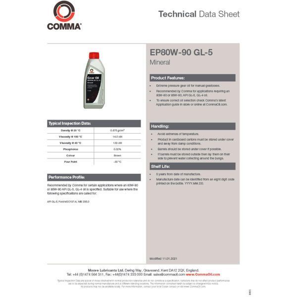 Трансмісійне масло Comma GEAR OIL EP80W-90 GL5 5л LI_EP80905L фото