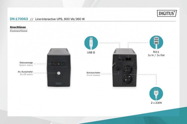 Джерело безперебiйного живлення Digitus Line-Interactive, 600VA/360W, LED, 2xSchuko, RJ11, USB RC_DN-170063 фото