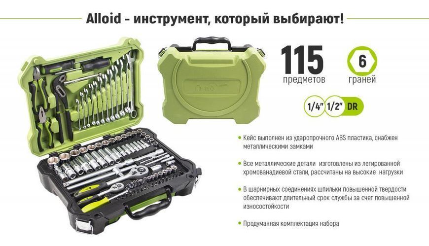 Универсальный набор инструмента Alloid НГ-4115П, 1/4" & 1/2", 115 предм. OL_00000023450 фото