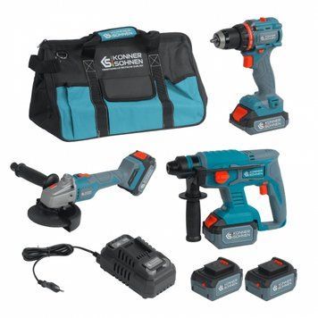 Набір із трьох акумуляторних інструментів Konner&Sohnen KS RHAGD 20V SET 3 20В дриль, шліфмашина кутова, перфоратор, швидкий ЗП 4.5А акб 2х4А&middot;год сумка 7.5кг RC_KSRHAGD20VSET3 фото