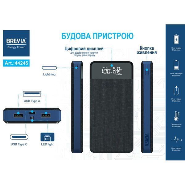 Універсальна мобільна батарея Brevia 20000mAh 45W Li-Pol, LCD LI_44245 фото