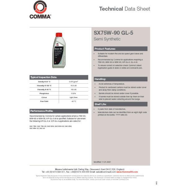 Трансмісійне масло Comma SX75W-90 GEAR OIL GL5 5л LI_SX5L фото
