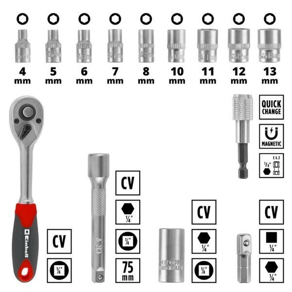 Einhell Набір біт та головок, 1/4" 4-13мм, 37шт, кейс RC_109022 фото