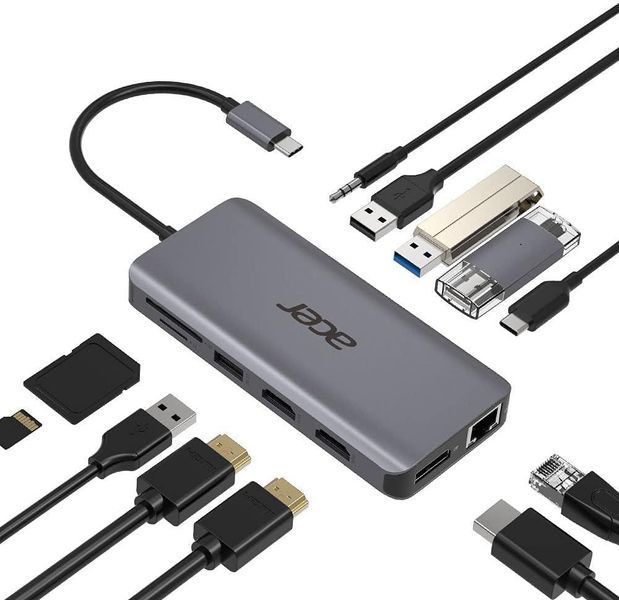 Acer Хаб USB-С > 2xUSB-A3.2/2xUSB-A2.0/SD/TF/2xHDMI/1xDP/1xRJ45/mini-jack, 0.15м, серый RC_HP.DSCAB.009 фото
