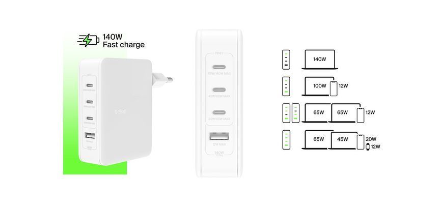 Зарядний пристрій мережевий Belkin 140Вт 3хUSB-С GAN PD PPS, USB-A, білий RC_WCH014BTWH фото