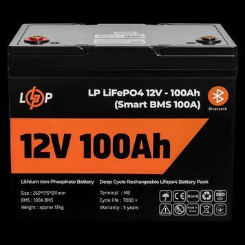 Акумулятор LP LiFePO4 12V (12,8V) - 100 Ah (1280Wh) (Smart BMS 100А) з BT пластик для ДБЖ LP_20197 фото
