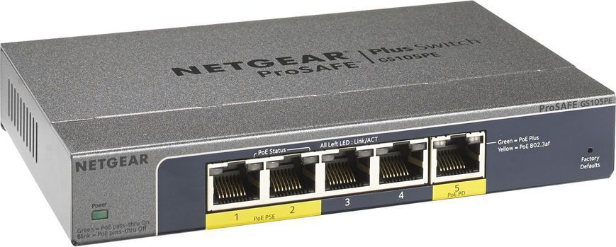 Коммутатор NETGEAR GS105PE 5xGE (2xPoE PSE, 1xPoE PD), 19Вт, WebSmart RC_GS105PE-10000S фото