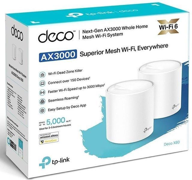 Система WiFi-Mesh TP-LINK Deco X60 AX5400, 1xGE LAN, 1xGE WAN, 1мод RC_DECO-X60-2-PACK фото