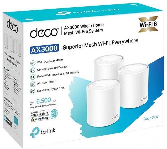 Система WiFi-Mesh TP-LINK Deco X50 AX3000, 3xGE LANWAN, 3мод RC_DECO-X50-3-PACK фото