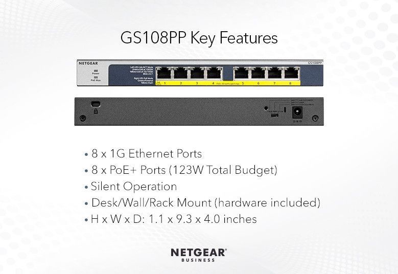 Комутатор NETGEAR GS108PP 8xGE PoE, 123Вт, Некерований RC_GS108PP-100EUS фото