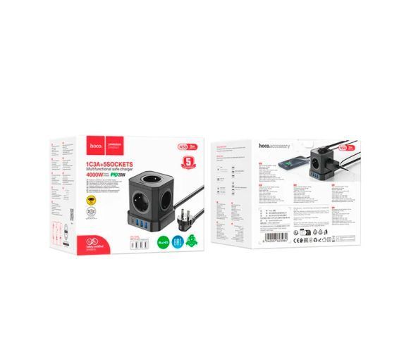Мережевий фільтр HOCO NS8 на 5 розеток + 3 USB + USB-C, 20W, кабель 1.1м, 220В, Black, Box U_38839 фото