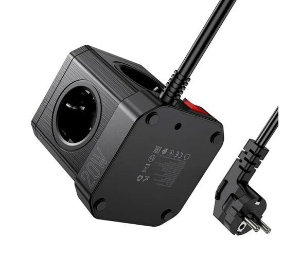 Мережевий фільтр HOCO NS8 на 5 розеток + 3 USB + USB-C, 20W, кабель 1.1м, 220В, Black, Box U_38839 фото