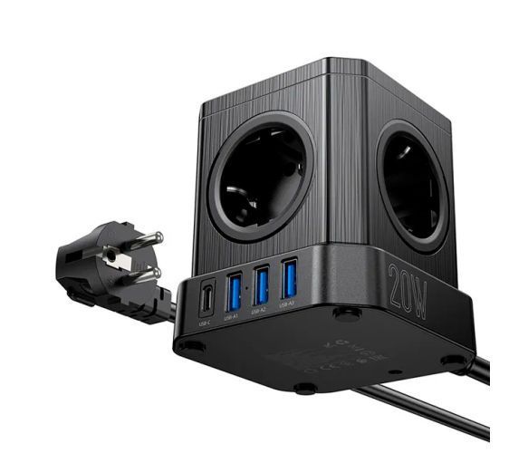 Мережевий фільтр HOCO NS8 на 5 розеток + 3 USB + USB-C, 20W, кабель 1.1м, 220В, Black, Box U_38839 фото