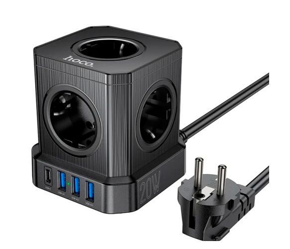 Мережевий фільтр HOCO NS8 на 5 розеток + 3 USB + USB-C, 20W, кабель 1.1м, 220В, Black, Box U_38839 фото