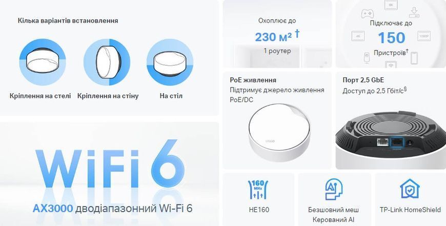 Система WiFi-Mesh Deco X50 AX3000, 1xGE LAN/WAN, 1x2,5GE LAN/WAN, 2мод, PoE RC_DECO-X50-POE-2-PACK фото
