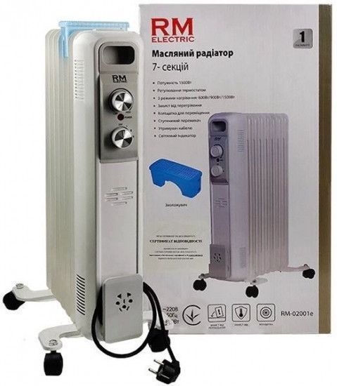 Обігрівач масляний RM Electric, 15м2, 1500Вт, мех. упр-ня, 7 секцій, зволожувач, білий RC_RM-02001E фото