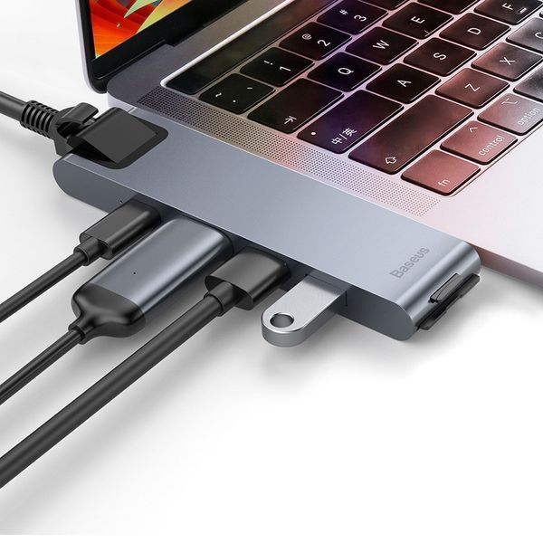 USB Hub Baseus Thunderbolt C Pro Seven-in-one Dual Type-C to USB3.0*2 + HDMI + RJ45 Ethernet + Type-C PD + microSD + SD card Cірий LP_16514 фото