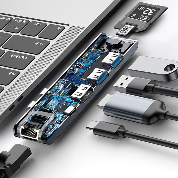 USB Hub Baseus Thunderbolt C Pro Seven-in-one Dual Type-C to USB3.0*2 + HDMI + RJ45 Ethernet + Type-C PD + microSD + SD card Cірий LP_16514 фото