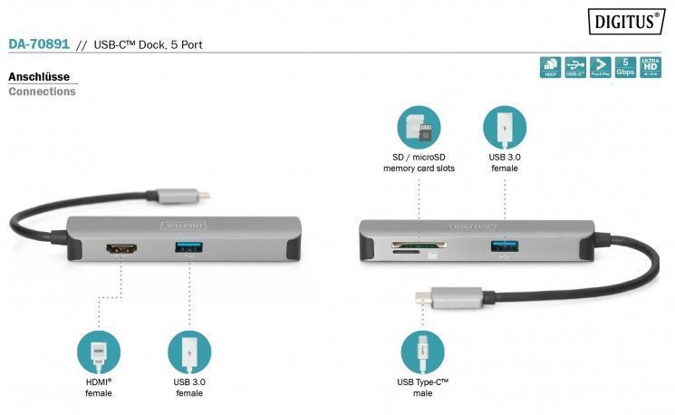 Док-станція DIGITUS Travel USB-C, 5 Port RC_DA-70891 фото
