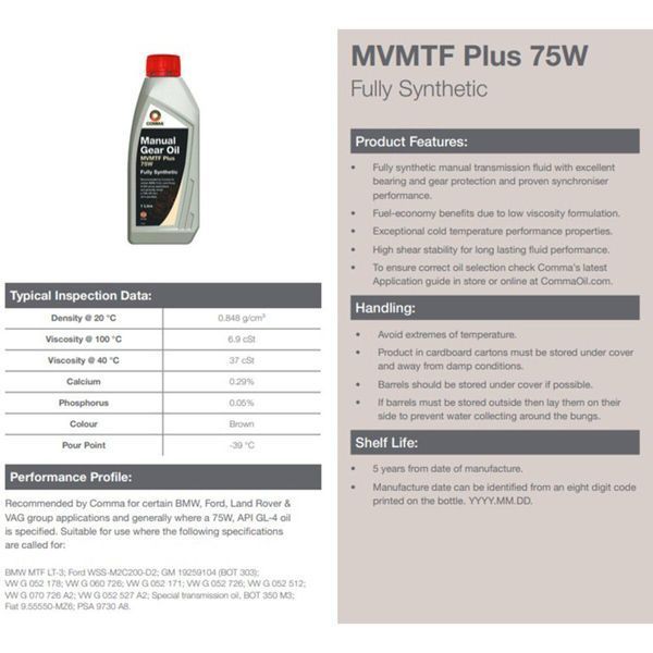 Трансмиссионное масло Comma MVMTF PLUS 75W-90 FS 5л LI_FE75W5L фото
