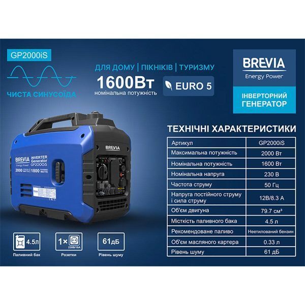Генератор инверторный Brevia бензиновый 2,0кВт (ном 1,6кВт) LI_GP2000iS фото