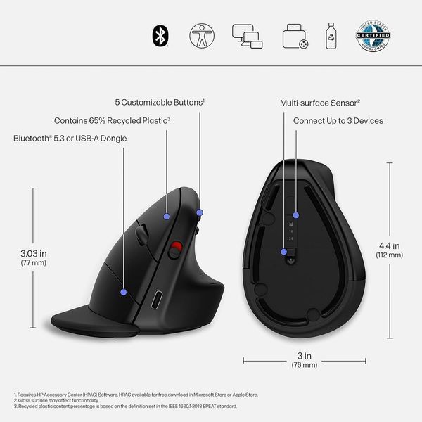 Миша 920 Ergonomic Vertical, USB-A/WL/BT, чорний HP RC_6H1A4AA фото