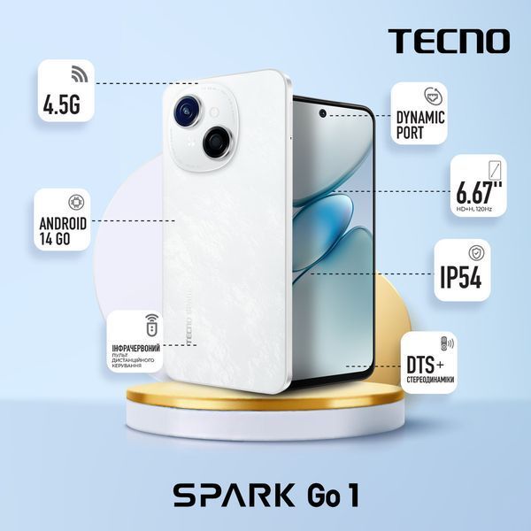 Смартфон Spark Go 1 (KL4) 6.67" 4/64ГБ, 2SIM, 5000мАч, Glittery White TECNO RC_4894947036453 фото