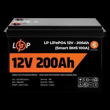 Аккумулятор LP LiFePO4 12V (12,8V) - 200 Ah (2560Wh) (Smart BMS 100А) с BT пластик для ИБП LP_20198 фото