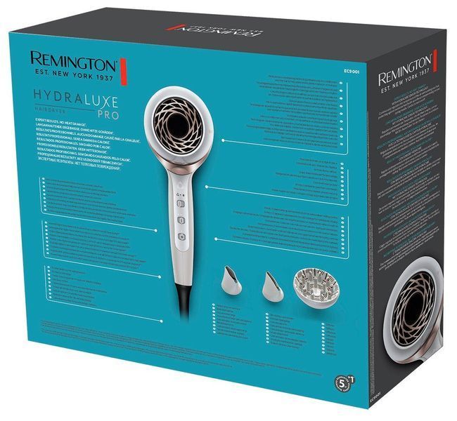 Фен HYDRAluxe PRO, 2200Вт, режимов-3, дифузор, иониз-я, хол. обдув, белый Remington RC_EC9001 фото