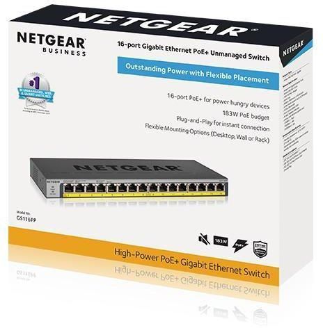 Комутатор NETGEAR GS116PP 16xGE PoE, 183Вт, Некерований RC_GS116PP-100EUS фото