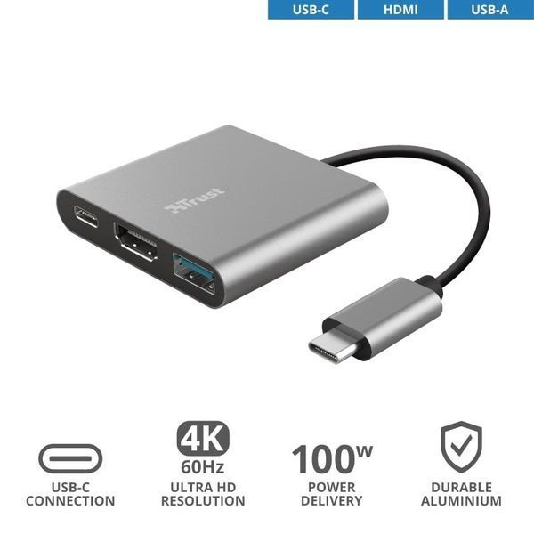 Хаб Trust Dalyx 3-in-1 USB-С > USB-А 3.2/USB-С/HDMI, Алюміній, 0.1м, чорний RC_23772_TRUST фото