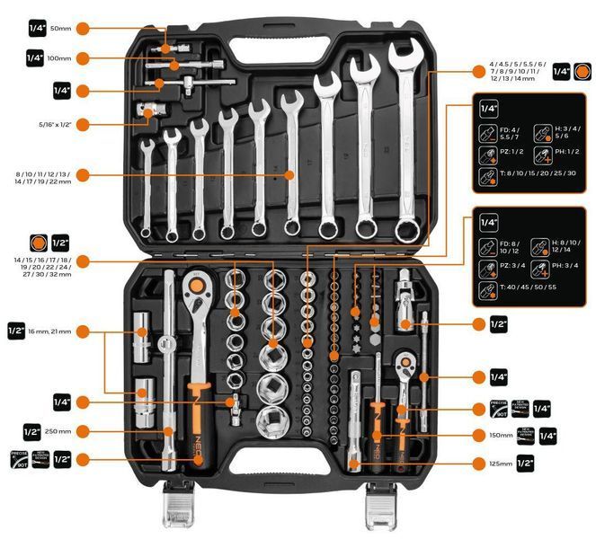 Набор инструментов Neo Tools, 82шт, 1/2" 1/4" CrV, кейс RC_10-059 фото