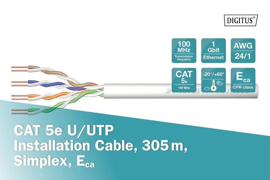 Кабель Digitus CAT 5e U-UTP кручена пара, довжина 305м, оболонка PVC RC_DK-1511-V-305-1 фото
