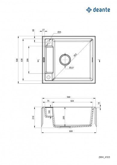 Мойка кухонная Deante Magnetic, гранит, квадрат, без крыла, 560х500х219мм, чаша &ndash; 1, накладная, алебастр RC_ZRM_A103 фото