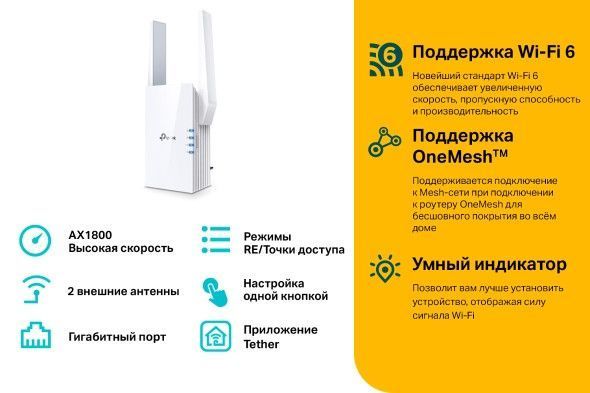 Розширювач покриття WiFi TP-LINK RE605X AX1800, 1хGE, MESH RC_RE605X фото