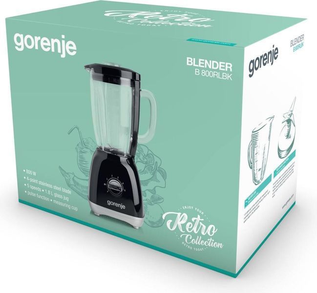 Блендер Gorenje стаціонарний 800Вт, чаша-1800мл, скло, чорний RC_B800RLBK фото