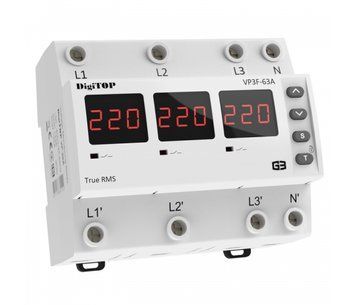 Реле напряжения двухрежимное одно/трехфазное VP-3F63А M6R на DIN-рейку, 3*63А, 3*13500Вт, 120-270В U_35370 фото