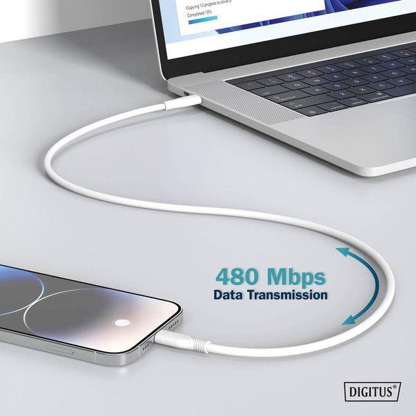 Digitus USB-C > Lightning зарядки/синхронізації, 1м, USB 2.0, 60W, силіконовий, білий RC_AK-600110-010-W фото