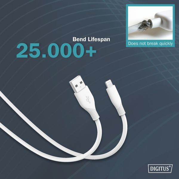 Digitus Кабель USB-A > Lightning зарядки/синхронізації, 2м, USB 2.0, 12W, силіконовий, білий RC_AK-600108-020-W фото