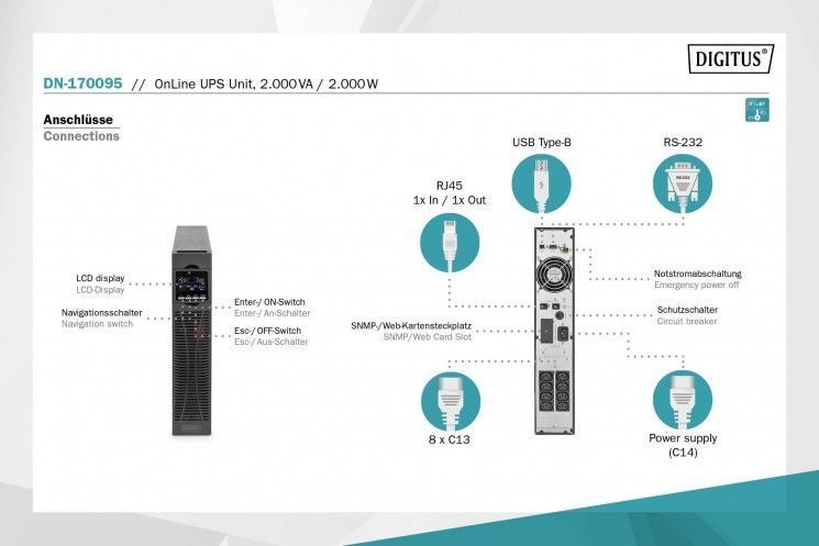 Джерело безперебiйного живлення Digitus OnLine, 2000VA/2000W, LCD, 8xC13, RJ45, RS232, USB, Rack/Tower RC_DN-170095 фото