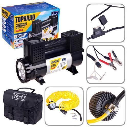 Компрессор "Торнадо" КА-Т12191 150psi/28Amp/90л/клеммы/фонарь/шланг 7,5м с дефлятором/2 цилиндра (КА OL_22243 фото