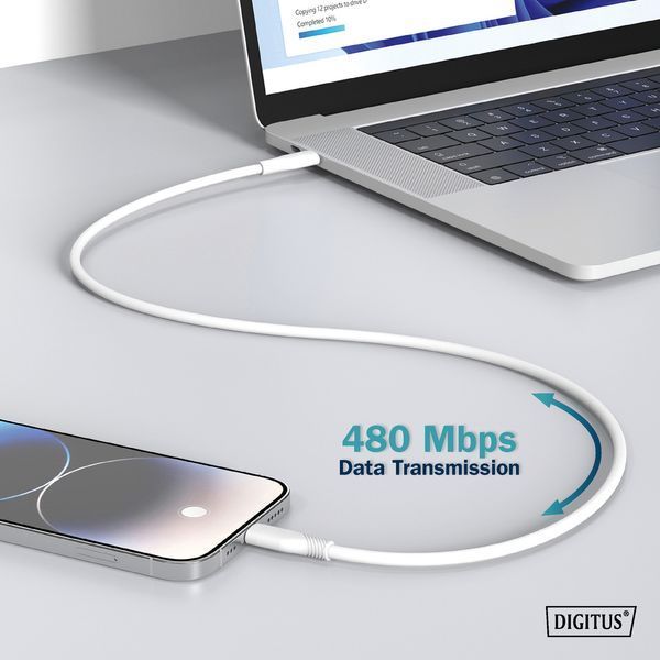Digitus USB-A > Lightning зарядки/синхронізації, 1м, USB 2.0, 12W, силіконовий, білий RC_AK-600108-010-W фото