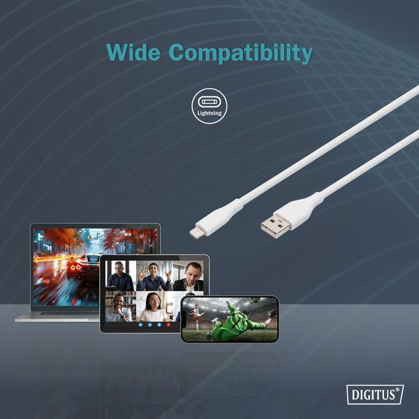 Digitus USB-A > Lightning зарядки/синхронізації, 1м, USB 2.0, 12W, силіконовий, білий RC_AK-600108-010-W фото