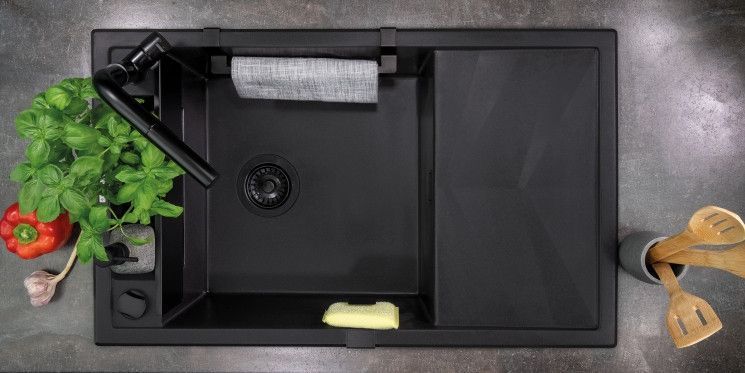 Мийка кухонна Deante Magnetic, граніт, прямокутне, з крилом, 820х500х219мм, чаша - 1, накладна, чорний RC_ZRM_N113 фото