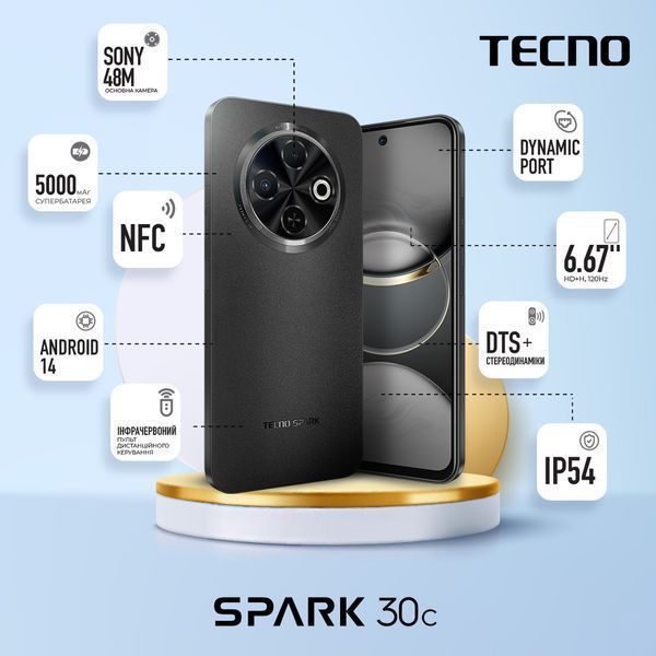 Смартфон Spark 30C (KL5n) 6.67" 8/256ГБ, 2SIM, 5000мАч, Orbit Black TECNO RC_4894947051760 фото